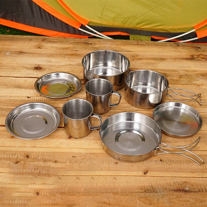 Outdoor Rvs 8 Stuk Kookgerei Bergbeklimmen Camping Draagbare Kom Bbq Kookgerei 3-4 Vouwen Combinatie Set