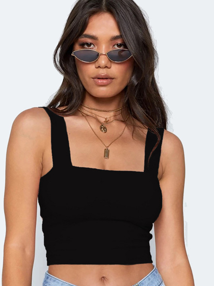 Ærmeløs sommer crop top med firkantet hals, hvid, sort, afslappet basis t-shirt med off-shoulder-effekt, sexet, rygløs tanktop