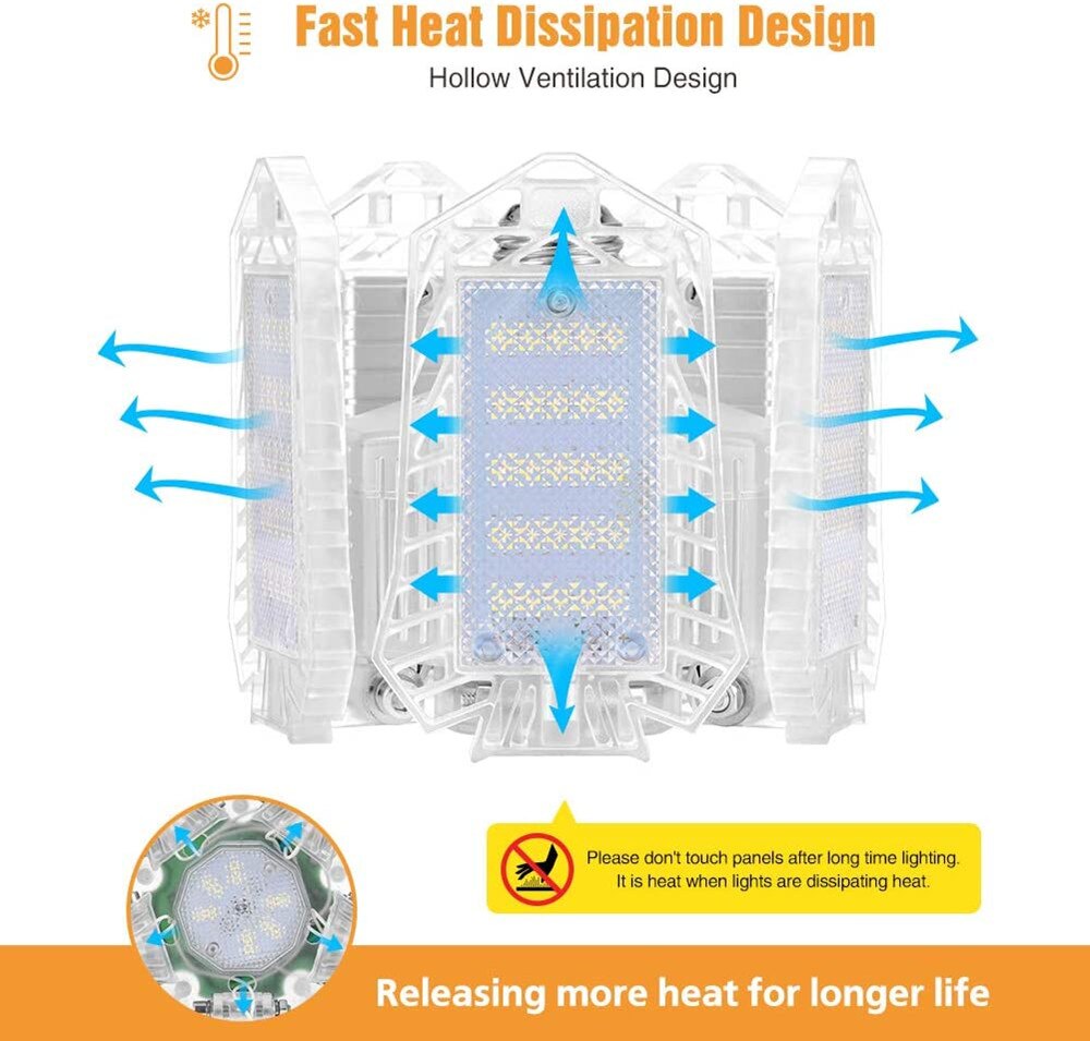 LED Garage Light 100W E26/E27 Deformable Ceiling Light Led Lights for Garage Warehouse Workshop Lighting with 5 Adjustable Panel