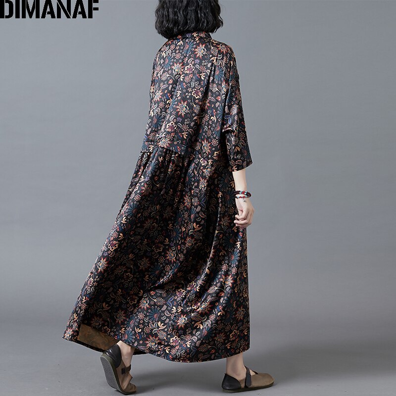 Dimanaf plus size damekjole vintage dame vestidos silke løs afslappet print blomstret maxi kjole 5xl 6xl efterårstøj