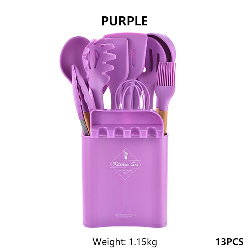 Juego de utensilios de silicona para la cocina, espátulas y palas antiadherentes con mango de madera, instrumentos para cocinar con recipiente de almacenamiento, accesorios para cocinas: Purple