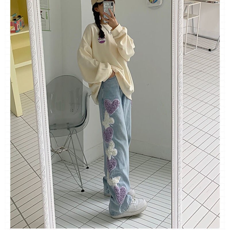 Jean patchwork brodé pour femmes, pantalon en Denim, taille haute, jambes larges, Chic, décontracté, Streetwear, nouvelle printemps