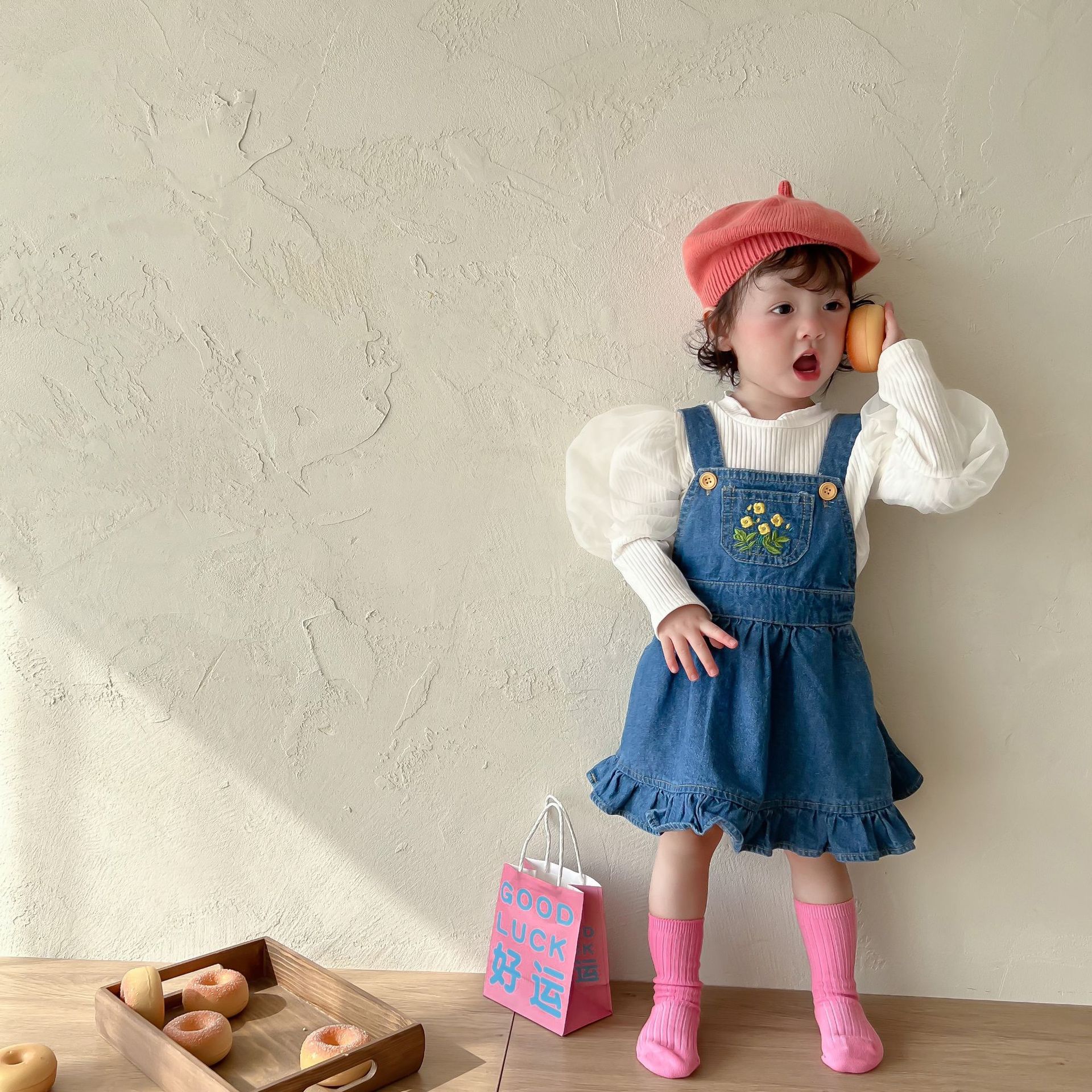 1533C abiti da ragazza abito con cinturino in Denim o camicia a fondo bianco primavera autunno 2022 abiti dolci da ragazza top con maniche a bolle