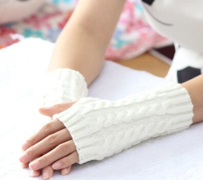 Guantes de invierno para mujer, manoplas cálidas de lana de imitación, de ganchillo, para brazo, sin dedos: White