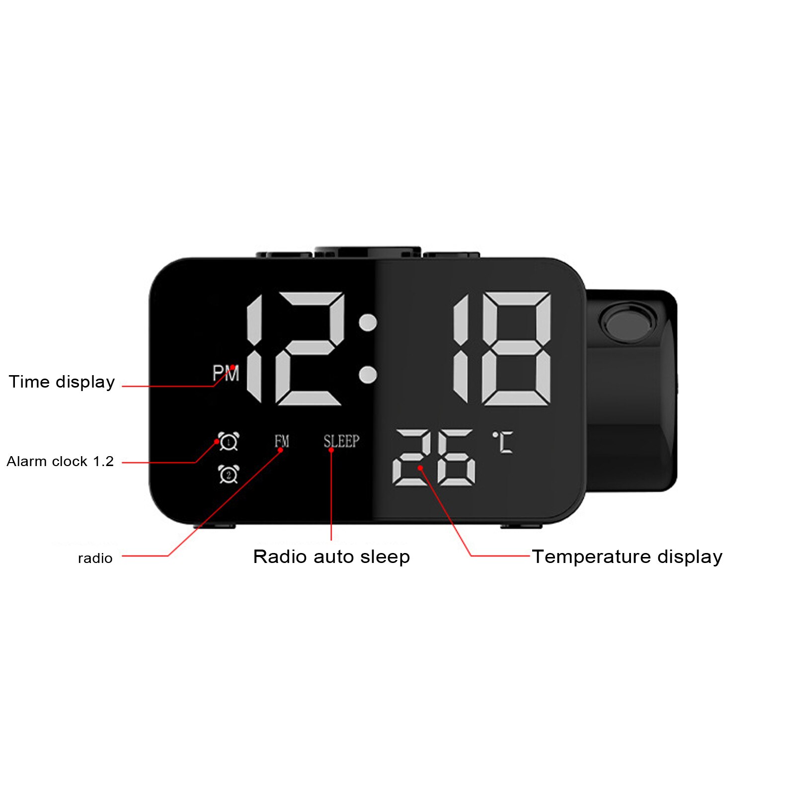 Smart Projection Alarm Clock with LED Inclined Screen FM Radio Solid Color Temperature Display USB Charging Clock