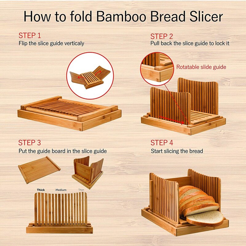 Guía de corte de rebanadora de pan de bambú-cortador de pan de madera para pan casero, pasteles de pan, bolsas plegables y compactas con migas