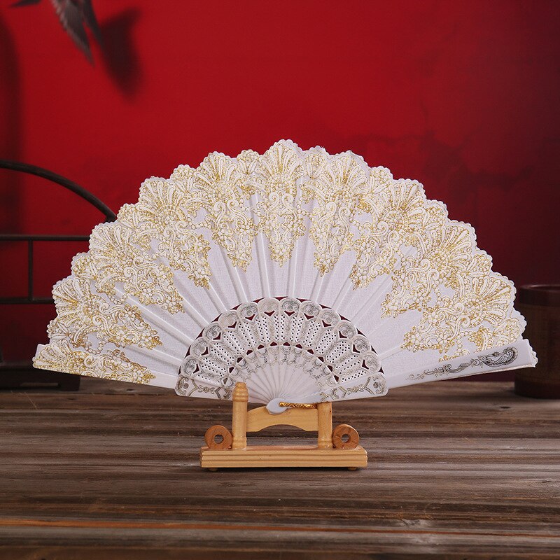 Exquisite Folding Fan Floral-Print Lace Silk Stamping Hand Held Fan For Wedding Dance Party Stage Performance Decoration: 01
