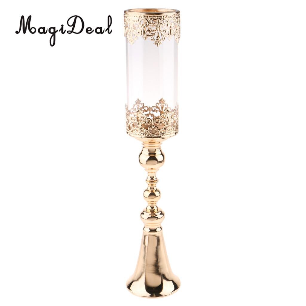 Antik guld metall piedestal ljusstake med glas blomma vas kristall draperad pelare stativ accent display prydnad: L