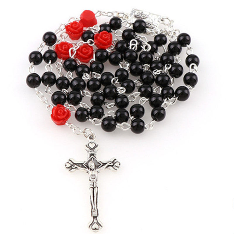 6 stili 6mm croce rosario collana imitazione perla fiore rosa vergine maria ciondolo gioielli religiosi cattolici regalo per le signore: Style6-Black