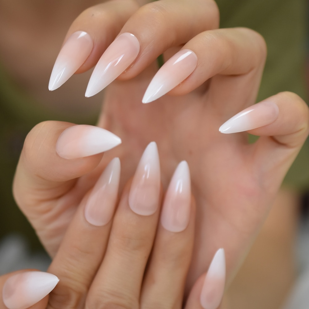 Ekstremt spiss faux ongles hvit ombre naken fransk spiker tips lang stiletto abs gel negler sett 24 ct