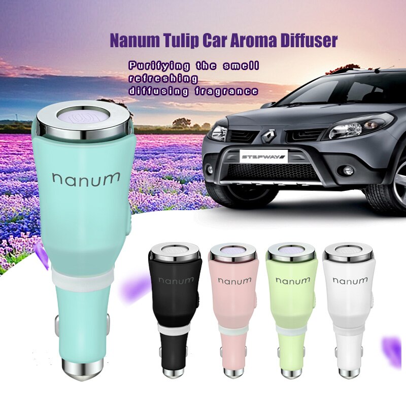M tulipán difusor de Aroma para coche, purificador de aire, cargador de coche, elimina el olor de la fragancia, martillo de seguridad USB, negro, blanco, azul, Rosa, Verde