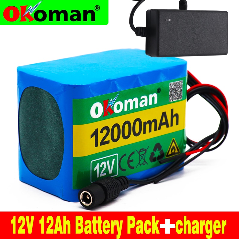Okoman 12V 12Ah 18650 batería de litio 12,6 V 12000mAh batería recargable con BMS para herramientas eléctricas lámpara LED de xenón + cargador