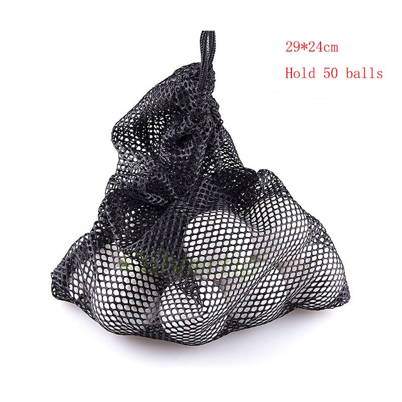 1pc sorte nylon golfbold taske mesh net taske pose golf 50 bolde bæreholder opbevaringstaske snor lukning 29 x 24cm