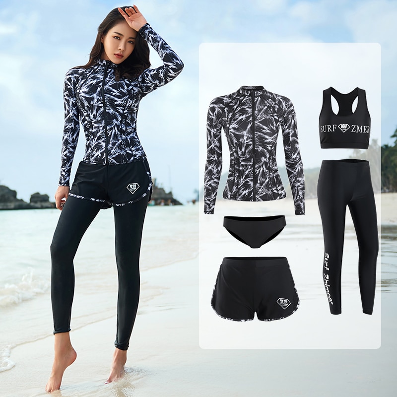 Lange Mouwen Rash Guard Vrouwen Print 5 Stukken Badpak Rits Badmode Badpakken Surfen Pad Lange Broek Koppels Mannen 3 stukken