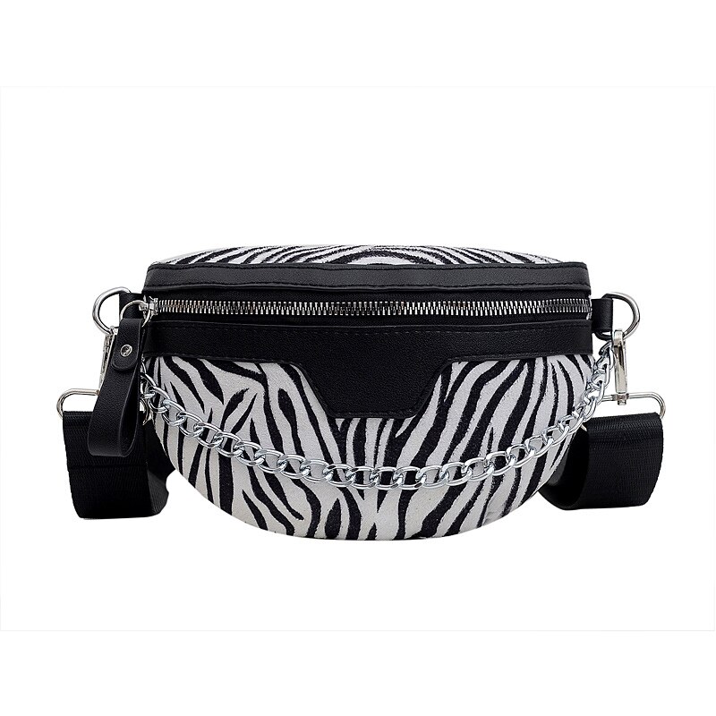 Kjede plysj #39 dame- og midjeveske tiger leopard fanny pack skulder crossbody brystvesker kvinnelig veske banan belteveske: Sebra hvit