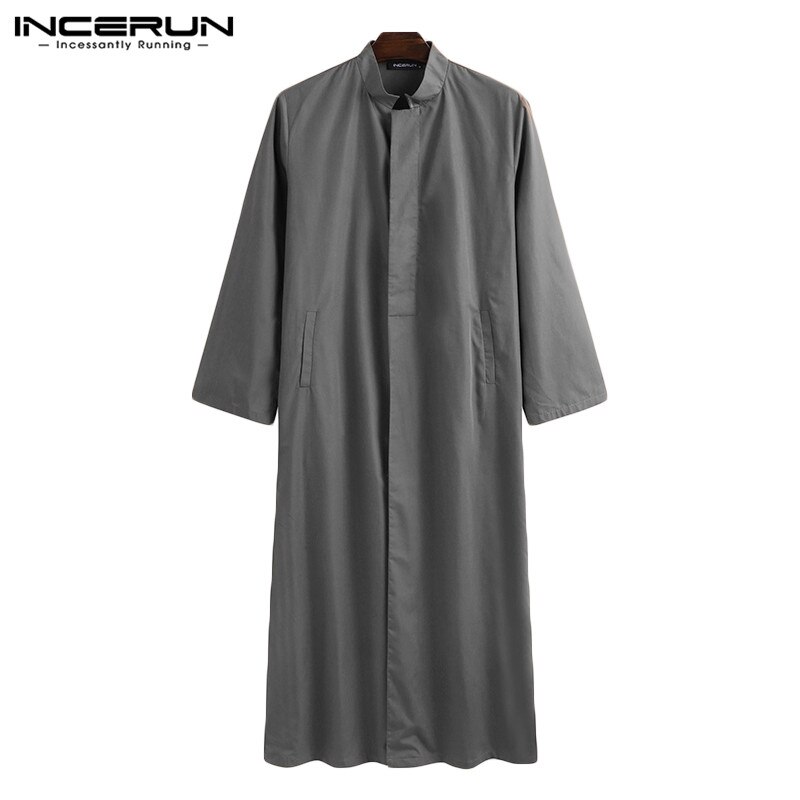 INCERUN Men Muslim Kaftan Islamic Arabic Jubba Thobe Long Sleeve Button Stand Collar Caftan Solid Color Middle East Dubai Robes