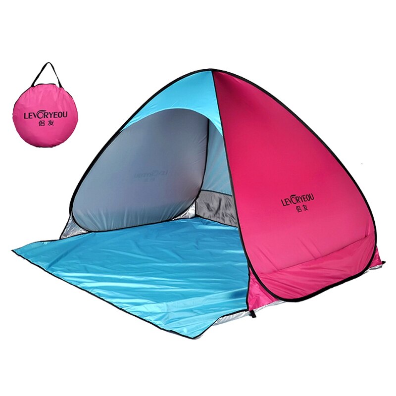 LEVORYEOU Beach Tent Up Automatic Open Tent Family Ultralight Folding Tent Tourist Fish Camping Anti-UV Fully Sun Shade: Blue Pink