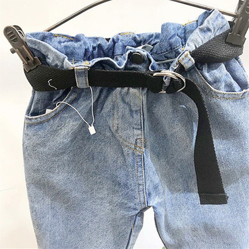 Børn lange jeans bukser forår baby pige dreng denim løse bukser småbørn tøj børn jeans med bælte til 2-7 år
