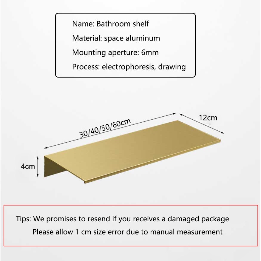 Børstet guldmetal badeværelse hylde væg opbevaringsstativ vaskestand boring stor væg hylde til opbevaring 30/40/50/60cm længde