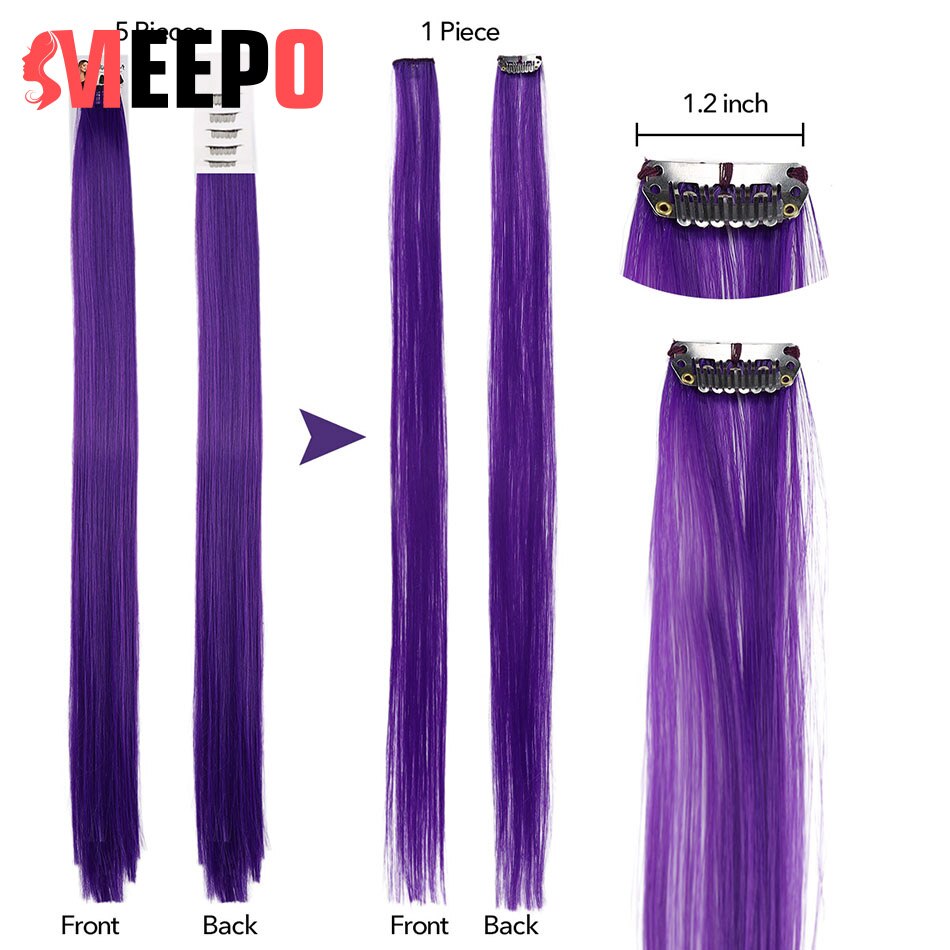 MEEPO Synthetic Hair Extensions 24 Inches Long Straight Hair 10Pieces/Set Colored Highlight Clip-In One Piece Pure Color: Purple