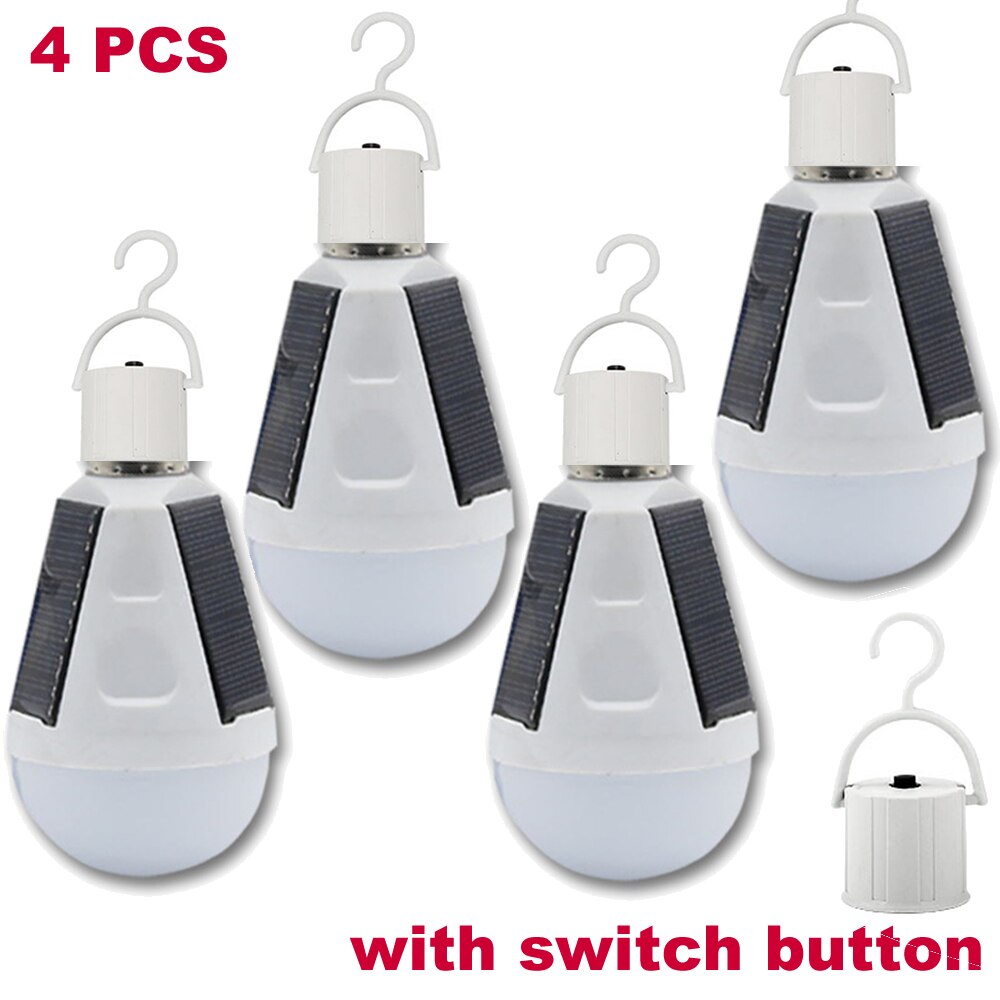 Solar Lamp Powered Portable Led Bulb Light Solar Energy Lamp Led Lighting Solar Panel Camp Tent Night indoor Fishing Light hook: switch button 4pcs