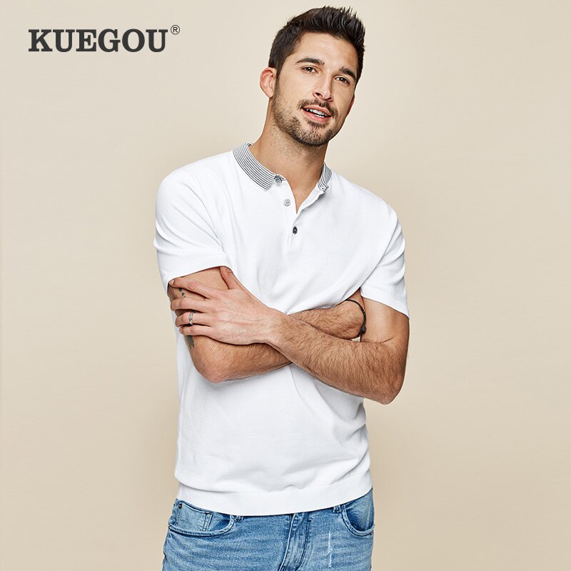Kuegou herr pikétröjor korta ärmar vit blå randig krage pikétröjor sommar herr slim top plus size az -17060
