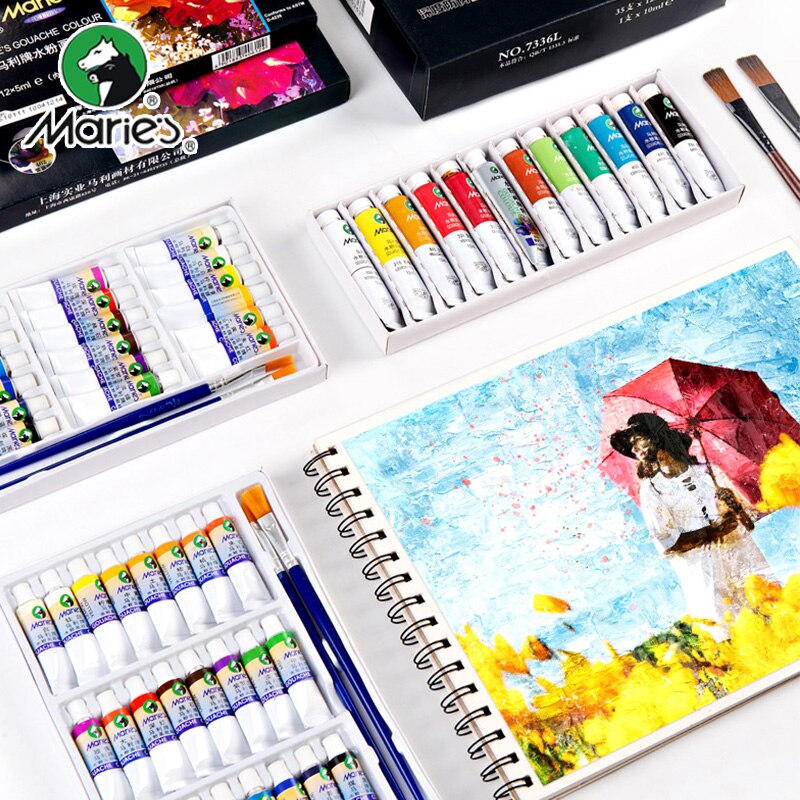Marley Watercolor Gouache Pigment Set for Beginners Non-Toxic Washable 12/18/24/36 Colors Tubular Child Student Paint 12ml