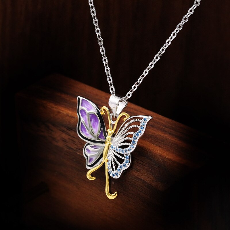 Requintado esmalte roxo 925 prata esterlina borboleta pingente colar corrente camisola corrente para jóias de casamento feminino