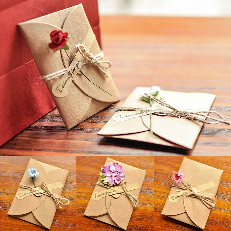 1X Retro DIY Kraft Paper Invitation Greeting Card with Envelope Handmade Dry Flower Wedding Party Cardboard Invitation Envelopes