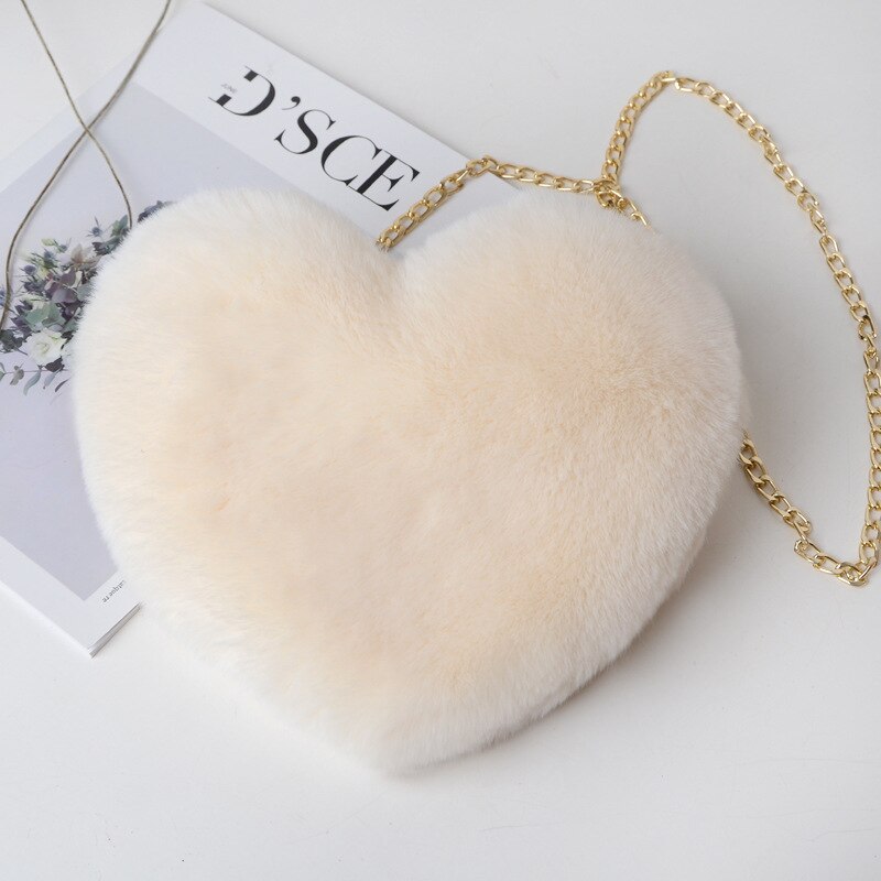 Mode Vrouwen Hartvormige Faux Fur Crossbody Portemonnee Portemonnee Keten Schoudertas Dame Handtas