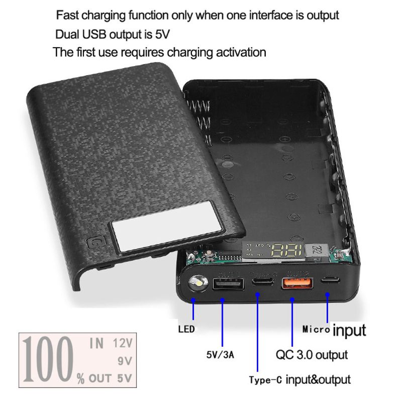 QC 3,0 Dual USB + Typ C PD 8x 18650 Batterie DIY Energie Bank Kasten LED Licht Schnelle Ladegerät Für iPhone Samsung praktisch Tablette