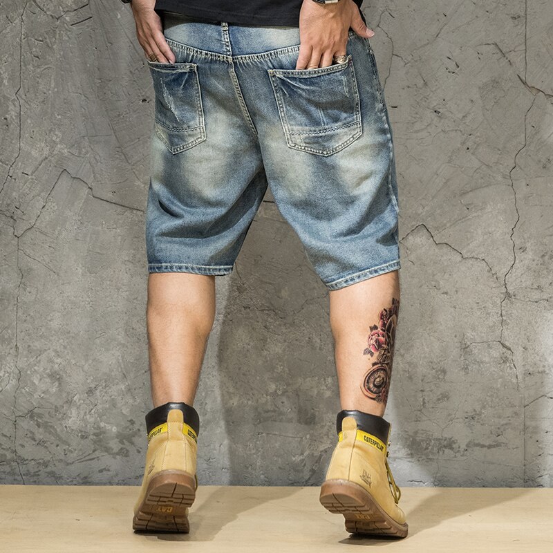 Sommer mænds løse lige rippede denim shorts plus størrelse 40 42 44 46 lyseblå jeans korte mandlige mærke