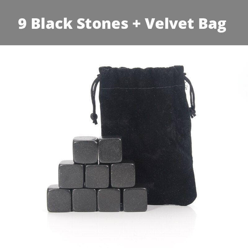 Whisky stenar set  - 9 granit whisky stenar / trälåda / sammet väska / återanvändbara kyla isbitar: 9 st påse svart