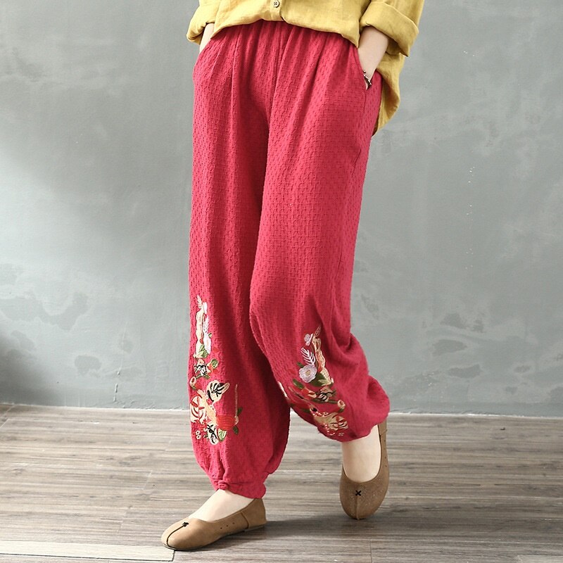 Pantalones étnicos de algodón para mujer, pantalón chino con bordado de flores, estilo Hippie, tobillero, para otoño y primavera,: 1