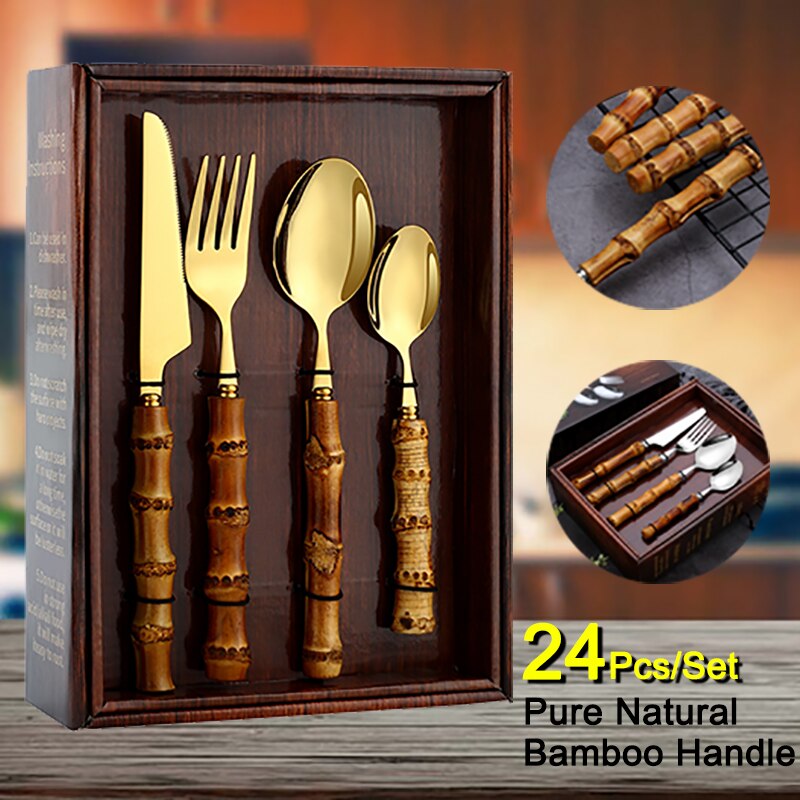 4-24Pcs Natural Bamboo Tableware Set Stainless Steel Includes Fork Knife Spoon Set Flatware With Box Dinnerware Cutlery Set