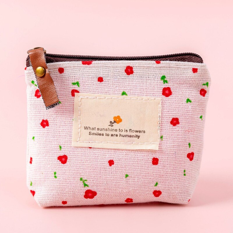 Coin Purse Canvas Wallet Key Card USB Cable Bag Mini Cute Floral Printing Simplicity Coin Holder Girls Women Durable Coin Wallet: Light Pink