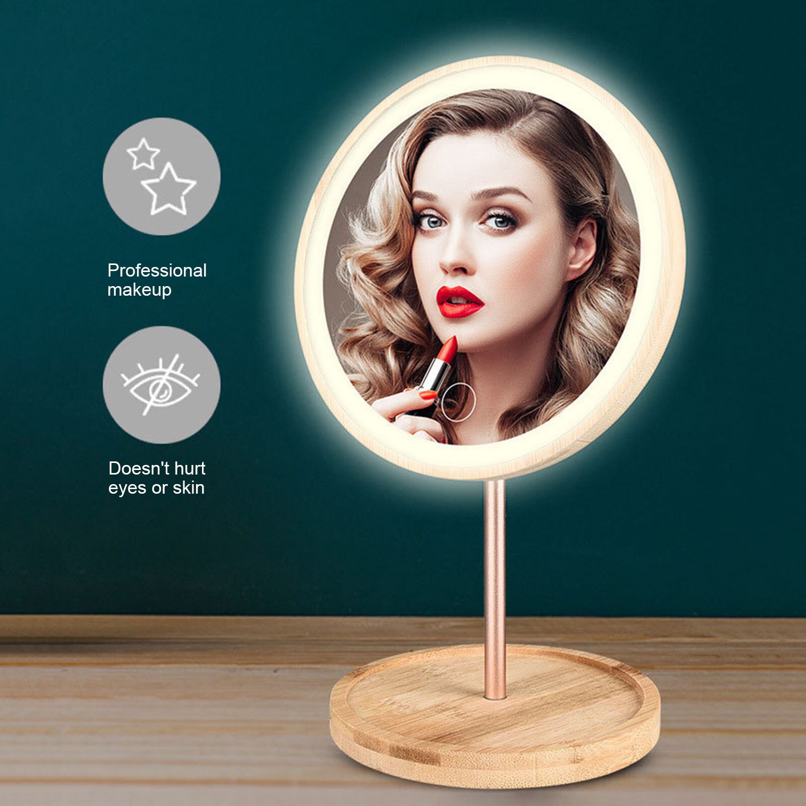 Wooden Desktop LED Makeup Mirror Magnifying USB Charging Adjustable Bright Diffused Light Touch Screen Beauty Makeup Mirrors