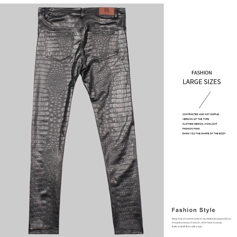 Krokodille alligator skrive ut pu kunstskinn blyantbukser tynn fleece varme høstbukser motorsykkel herre streetwear spodnie bukse