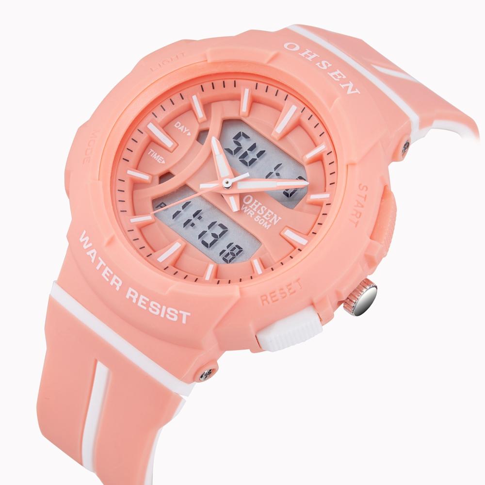 OHSEN Digitale Quartz Lady Vrouwen Mode Polshorloge 50M Diver Rubber Band Roze LCD Outdoor Sport Horloges relogio feminino