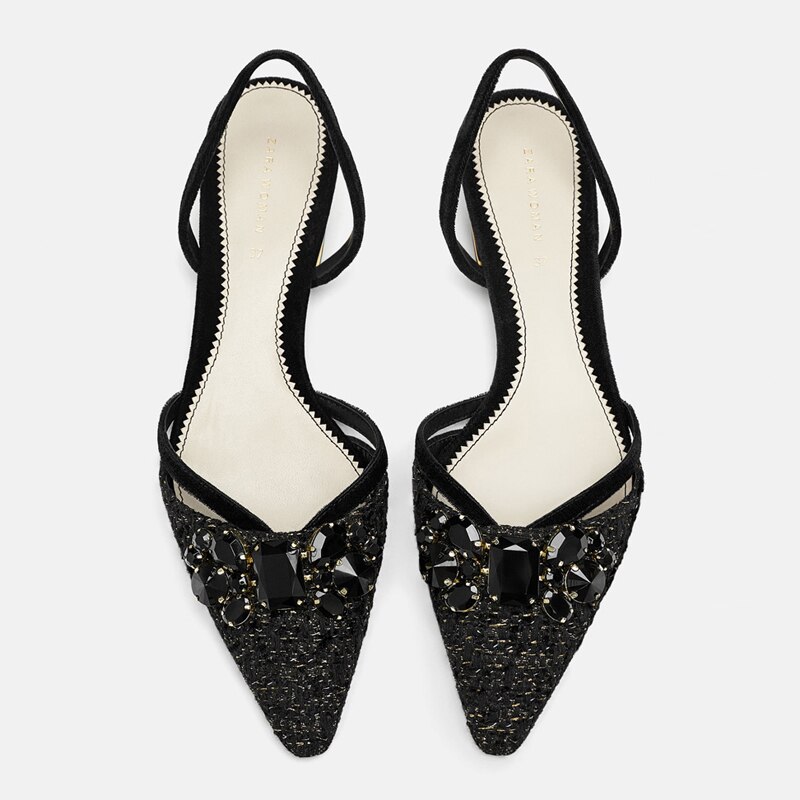 Luxe noir cristal femmes sandales plates Slingback or talon femmes sandales à bout pointu sans lacet d'été Mujer Sandale Femme A072