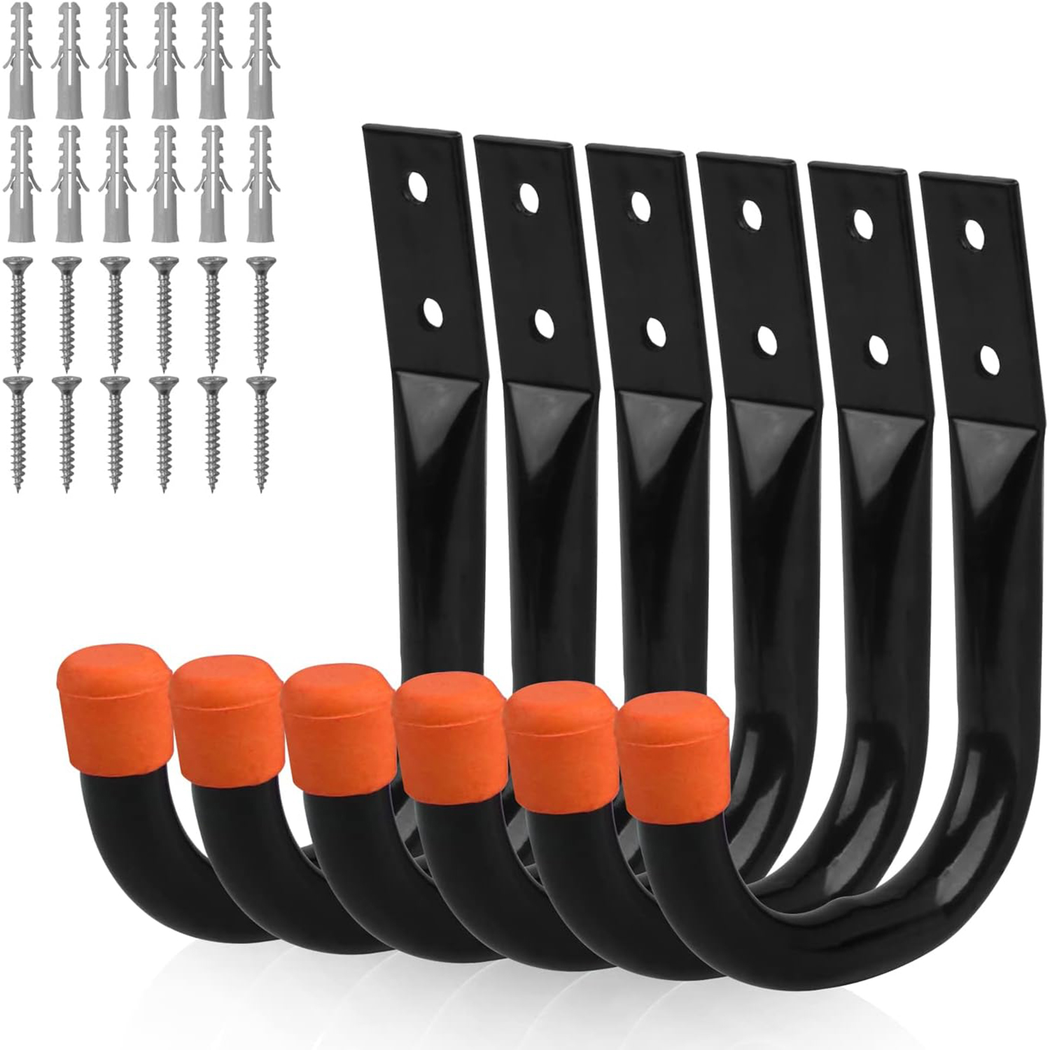 Pack of 6 Heavy-Duty Garage Hooks for Hanging, Large Garage Storage Hooks for Extension Cord Tool Cable, Black Wall-Mounted J Practical Hooks with Wall Anchors and Screws: Orange