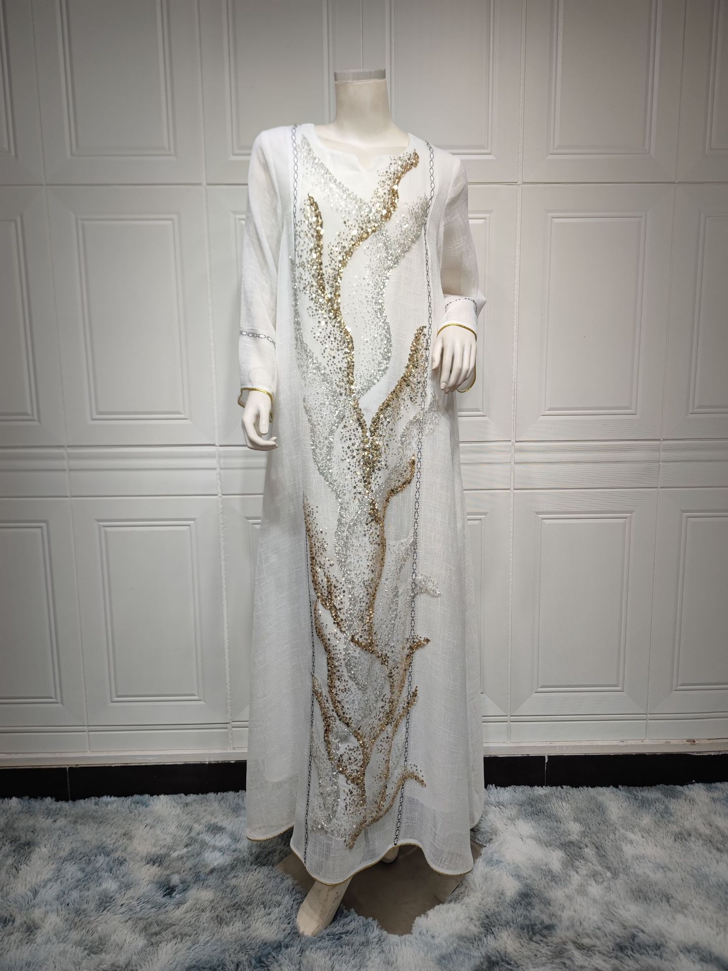 Dubai Abaya Luxury Robe Muslim Women Kaftan White Mesh Beaded Embroidered Dress Femme Morocco Jalabiya Arabic Islam Clothing: XXL / Cream