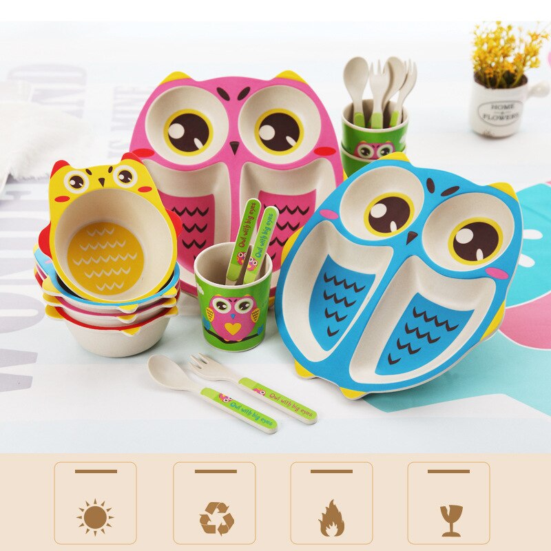 Owl Baby Dinnerware Set Bamboo Fiber Children's Plate Cartoon Baby Feeding Dishesd With Fork Spoon Cup Kids Tableware