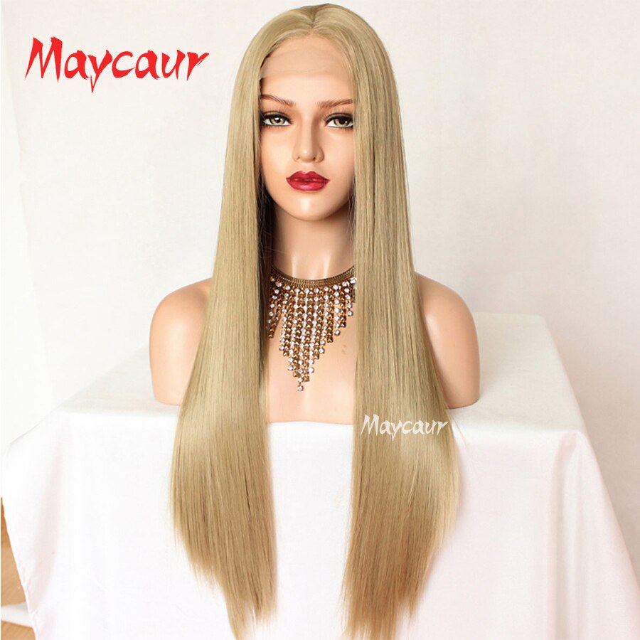 Maycaur Hittebestendige Bob Lace Front Pruiken Voor Vrouwen Ombre Blonde Korte Striaght Synthetisch Haar Pruik 14 Inch