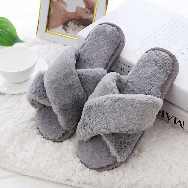 Dames pantoffels van pluche, warme winterschoenen, dames instappers, slippers van imitatiebont , 36-41: Grijs / 36-37
