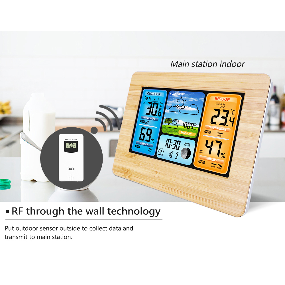 Digital alarm vægur vejrstation wifi indendørs udendørs temperatur fugtighed tryk vind vejrudsigt lcd