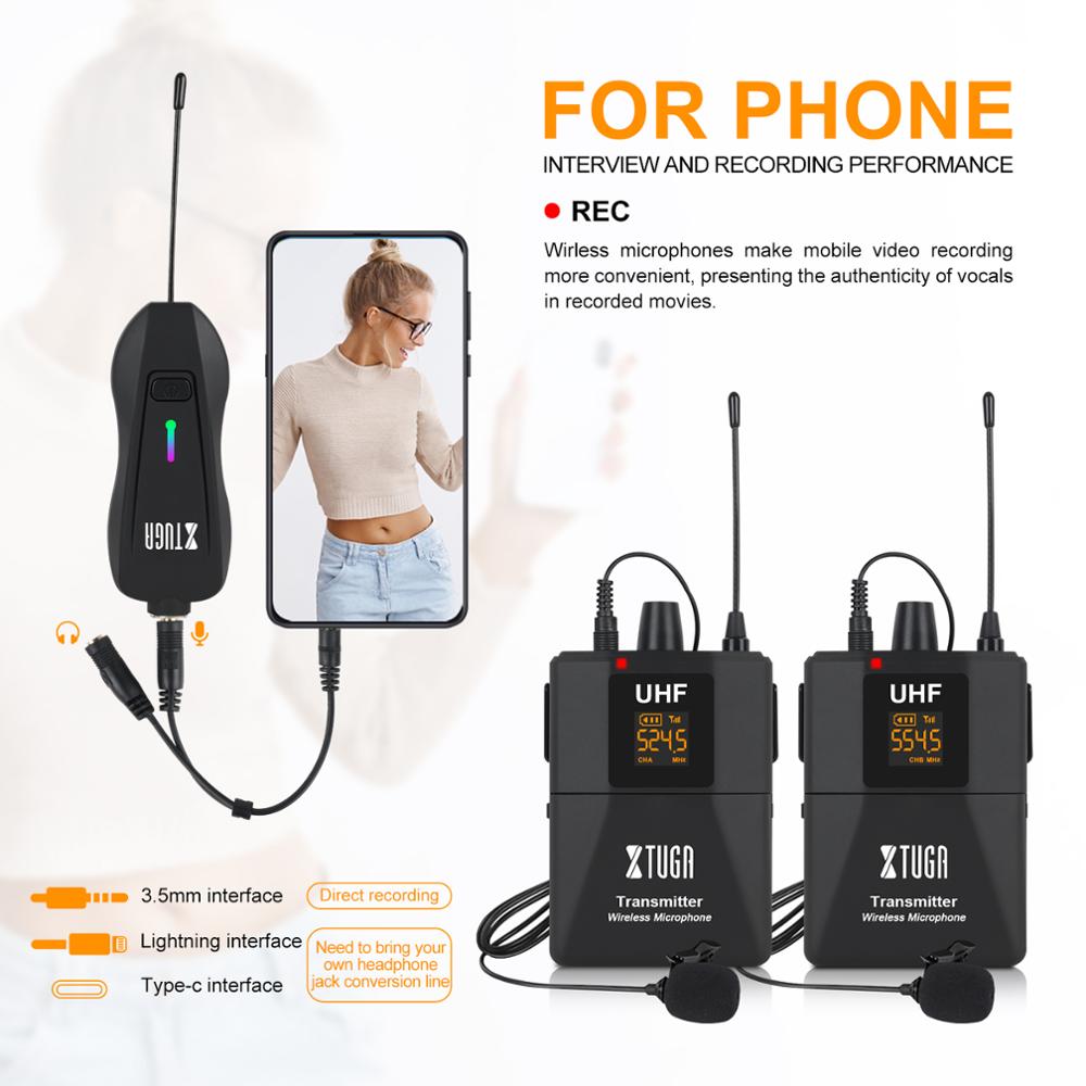 XTUGA Wireless Lavalier Microphone Camera Mic with Mini Rechargeable Receiver for Phones SLR Cameras Interview Live Recording