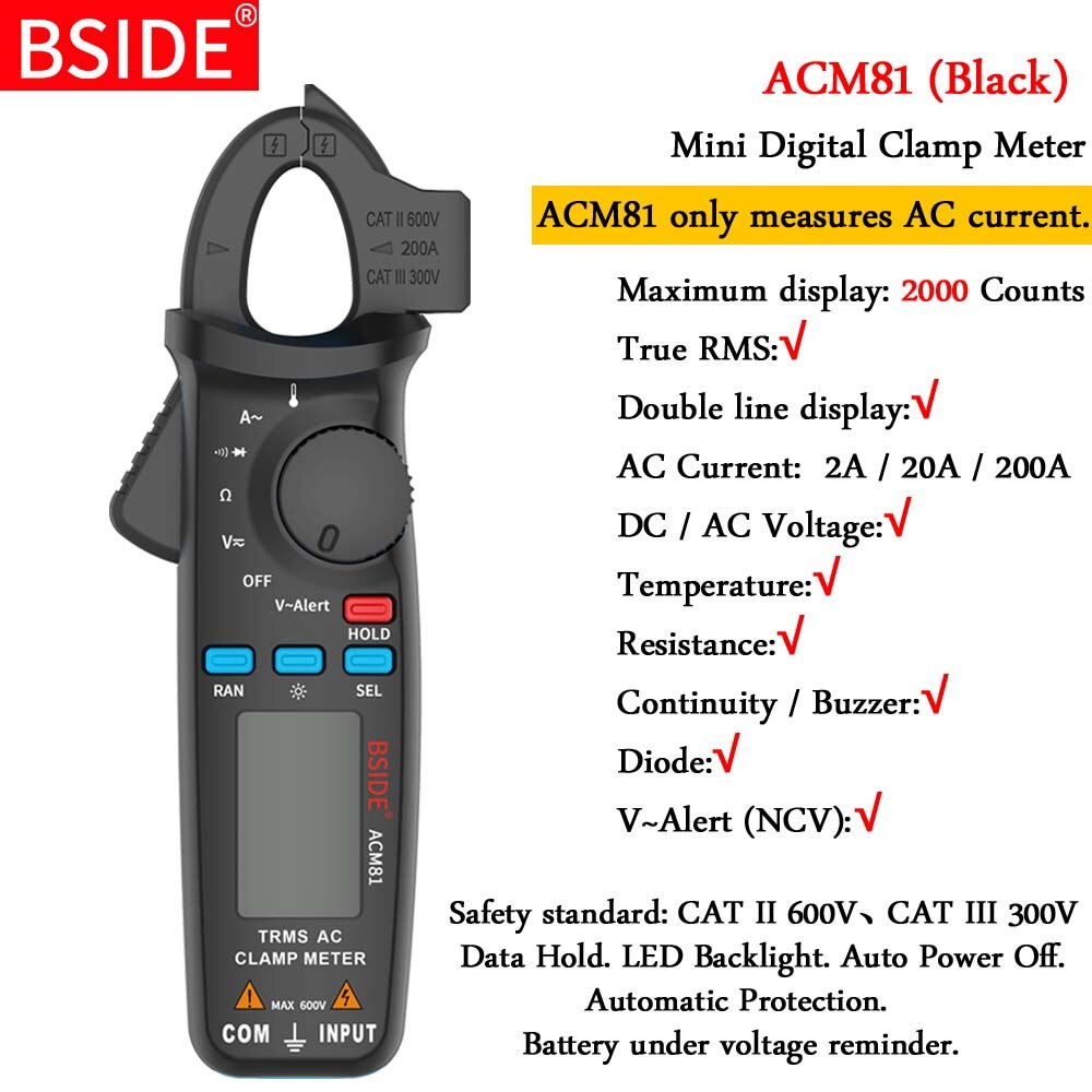 Digitaaliset puristinmittarit bside acm sarja true rms dc ac virta jännite ohm temp kapasitanssi hz ncv testeri ampeerimittari yleismittari mini: Acm 81- musta