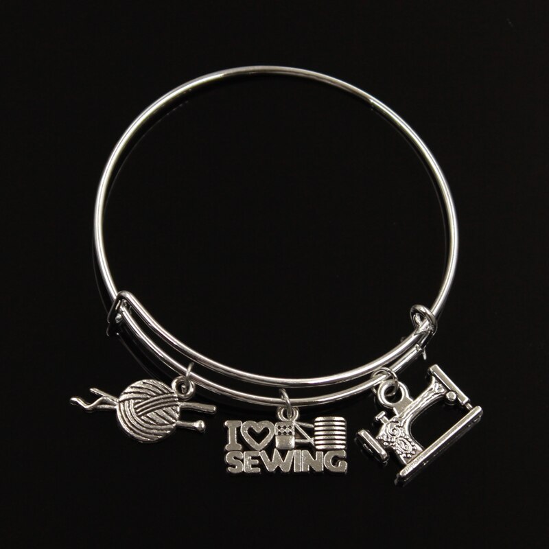 Zilverkleurig metaal dames vintage ik hou van breien naaimachine garen schaar bedels accessoire mannen armbanden sieraden