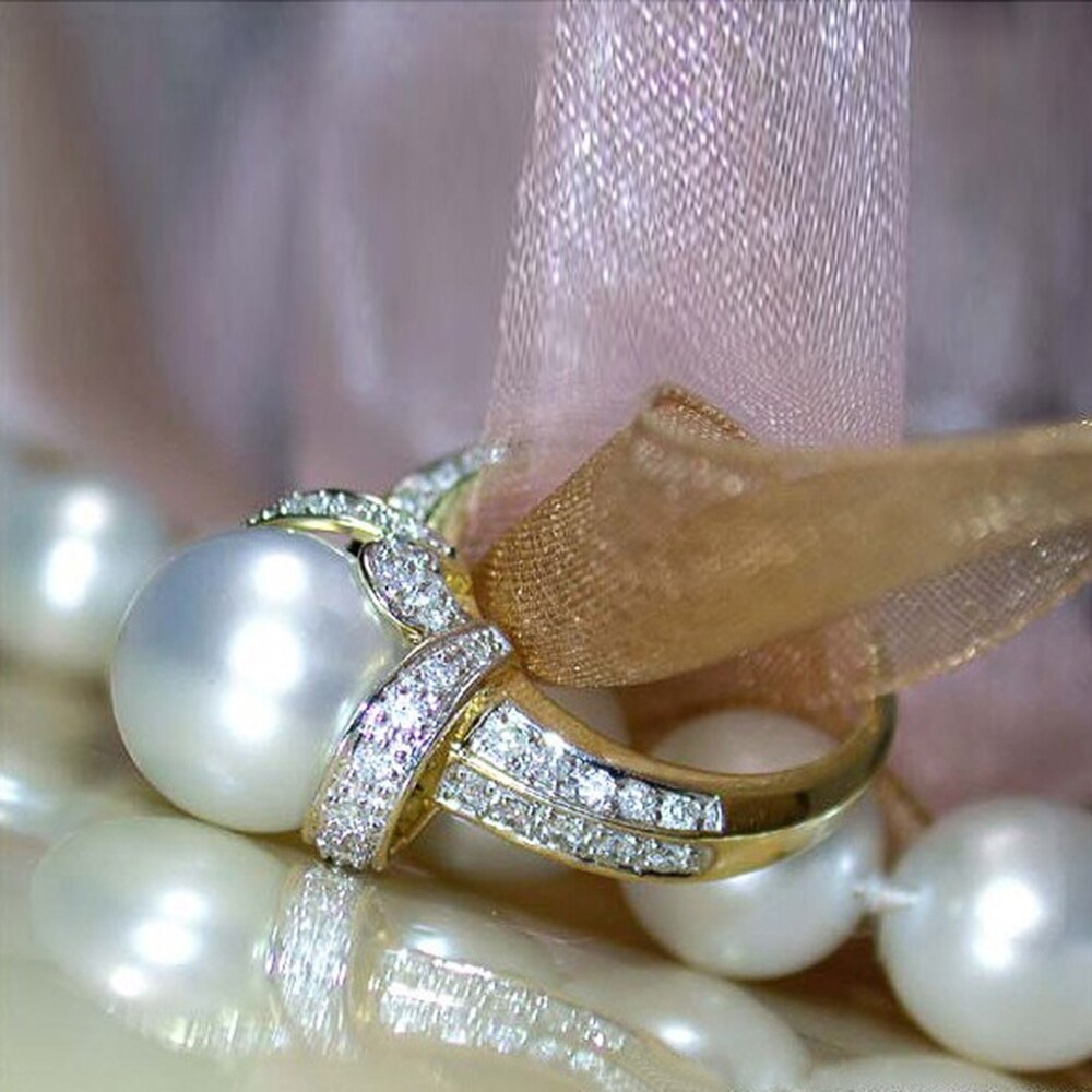 Huitan Imitation perle couleur or anneaux de mariage femmes brillant CZ romantique mariage cérémonie fête anneau accessoires de